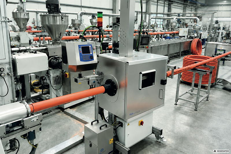Plug & Play: Der REA LASER ExtruMark 200 lässt sich überallhin schieben, wo er für die flexible Inline-Kennzeichnung extrudierter Rohre oder Profile gebraucht wird.